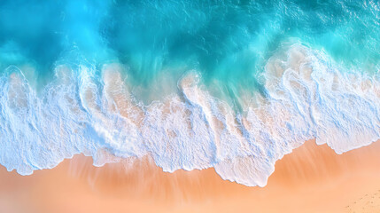 Wall Mural - Aerial View of Turquoise Ocean Waves Crashing on Sandy Beach