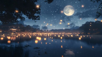 Poster - Serene and dreamy scene of a tranquil lake during the Yi Peng festival in Thailand with glowing lanterns reflecting on the calm water s surface