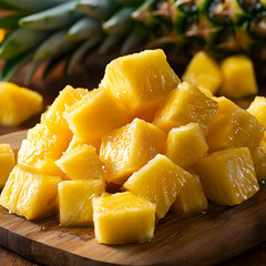 Wall Mural - Fresh Pineapple Chunks on Wooden Cutting Board