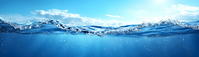 Underwater Ocean Wave with Air Bubbles and Blue Sky