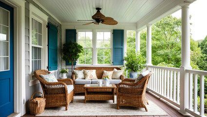 Enclosed porch with wicker furniture background