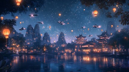 Poster - futuristic city park with glowing lanterns rising into a starry night sky filled with advanced flyin