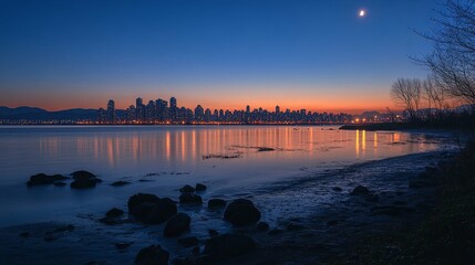 Wall Mural - City Skyline Reflects on Tranquil Water at Twilight