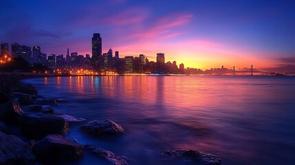 Wall Mural - San Francisco Skyline Reflects Vivid Sunset over Tranquil Bay