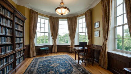 Sticker - Library with bay window and curtains background