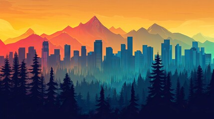 Wall Mural - Cityscape Silhouette Meets Mountain Majesty at Sunset