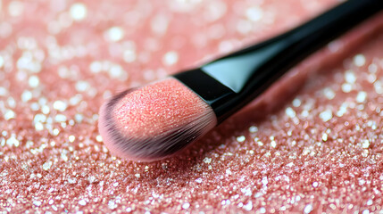 Wall Mural - Pink Makeup Brush on Shimmering Glitter Background