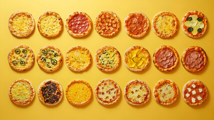 Wall Mural - Variety of Delicious Gourmet Pizzas on Yellow Background