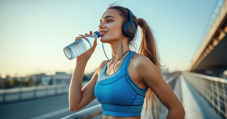 Wall Mural - A woman in blue sportswear, wearing headphones and holding an empty water bottle while running on the bridge, is smiling as she drinks from her small plastic sports drink cup.