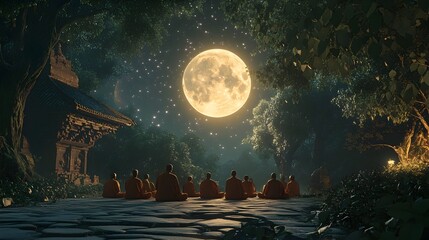 Peaceful Forest Monastery Under Glowing Full Moon on Magha Puja Day Monks Gathering Amidst Sparkling Stars and Serene Ambiance