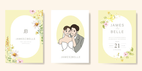 Sticker - Elegant wedding invitation card background vector. Minimal hand drawn bride and groom in watercolor botanical flowers texture. Design for wedding, vip cover template, rsvp modern card, poster.