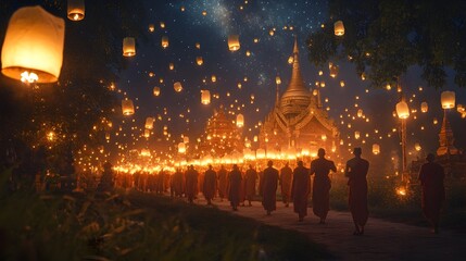 Illuminating Spiritual Procession of Monks Carrying Glowing Lanterns Winding Through a Tranquil Temple Garden Under a Starry Night Sky