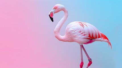 a graceful flamingo standing on one leg on a pink and blue background