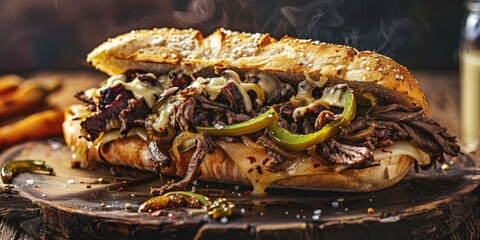 Canvas Print - Traditional Philadelphia Philly cheesesteak sandwich with beef cheese green peppers and caramelized onions on a wooden table