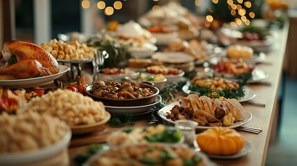 A buffet-style Thanksgiving dinner, with various dishes lined up on a long table, ready to be served