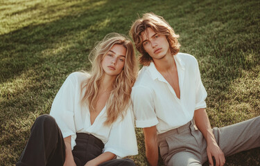 Sticker - A male and female model pose for an editorial photoshoot on the grass, wearing white linen blouses with navy blue accents, and grey trousers or wide pants.