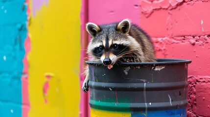 A raccoon eating from a trash can isolated on colorful background