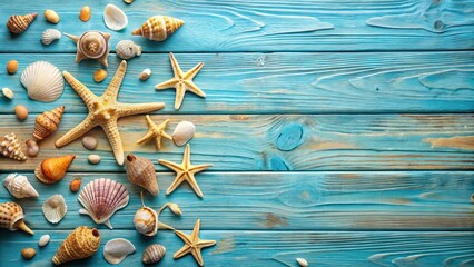 A serene beach scene with sea shells and starfish scattered on a blue wooden background