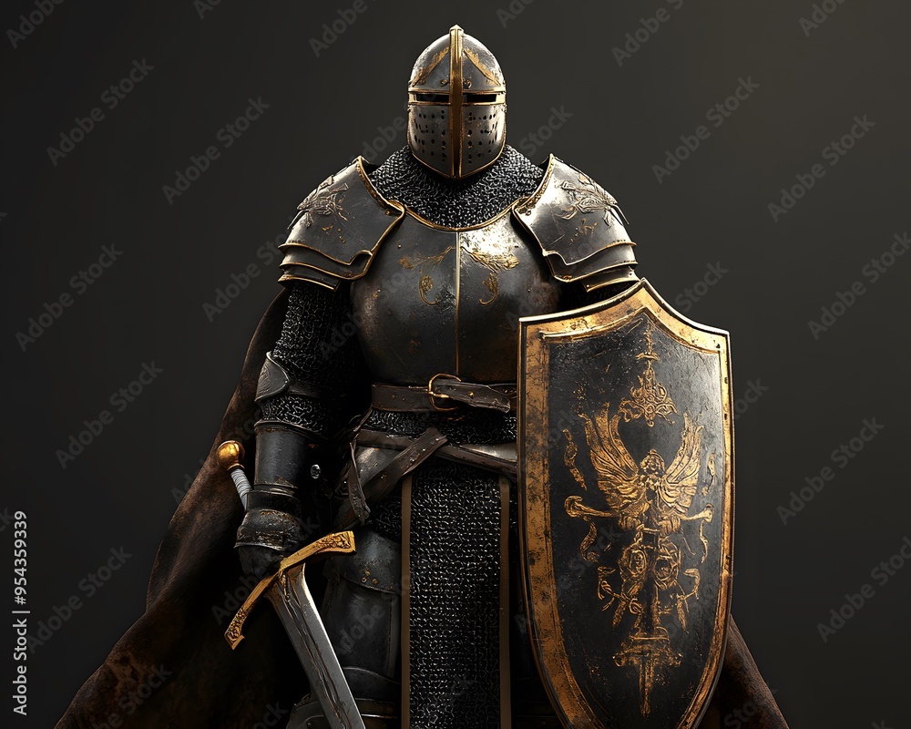 Medieval knight in shining armor with a shield and sword, standing ...