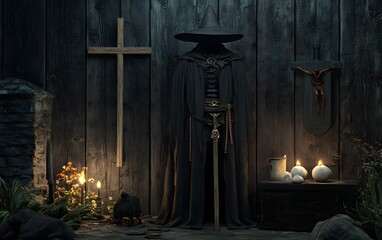 Mysterious dark setting with hat and cloak, candles, and crosses on a textured wooden background, evoking a gothic and medieval atmosphere.