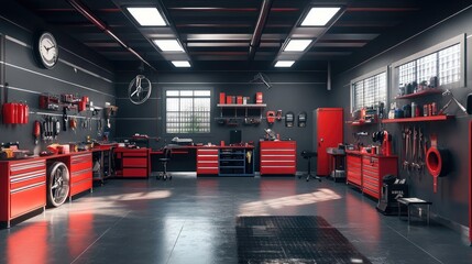 Wall Mural - Advanced 3D Render of a Tidy Auto Repair Shop Showcasing Modern Tools and a Spacious Interior