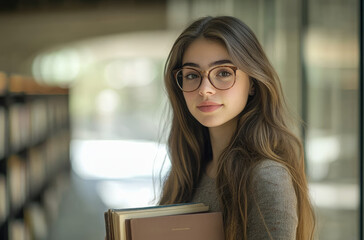 Wall Mural - A beautiful young woman with long brown hair, wearing glasses and an open blue shirt, is standing in the library holding books and smiling at the camera