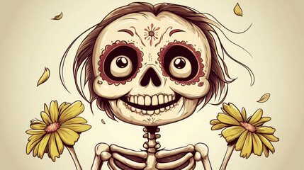 Day of dead mexican carnival funny girl skeleton illustration. Hand drawn style. Dia de muertos holiday design.