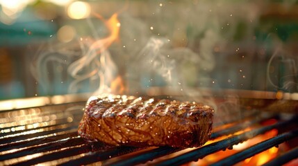 Close-up of a juicy steak sizzling on a BBQ grill, with smoke rising and flames flickering, capturing the essence of summer grilling.