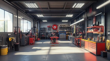 Wall Mural - Advanced 3D Render of a Tidy Auto Repair Shop Showcasing Modern Tools and a Spacious Interior