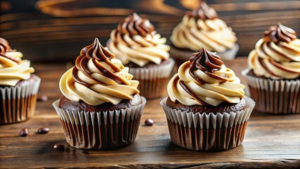 Delicious chocolate cupcakes with vanilla frosting and chocolate drizzle, perfect for an indulgent celebration