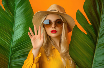 Wall Mural - A woman in sunglasses and a hat is making the stop gesture with her hand, between two large green leaves on an orange background