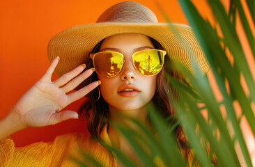 Canvas Print - A woman in sunglasses and a hat is making the stop gesture with her hand, between two large green leaves on an orange background