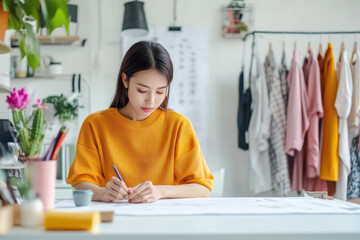 Poster - A fashion designer is drawing on paper, with colorful fabrics and designs around her work area