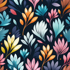 Seamless pattern with colorful stylized leaves on a dark blue background.