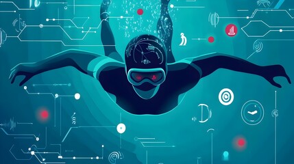 Poster - Intelligent IoT powered Ecosystem for Smart Swimming Accessories and Advanced Performance Monitoring Wearables  Graphic of Connected Devices and Analytics Dashboard