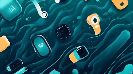 Poster - graphic depicting the Internet of Things IoT concept applied to smart swimwear and accessories such as swim watches waterproof earbuds and other connected devices for a modern
