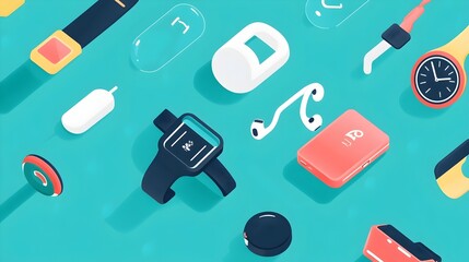 Poster - graphic showcasing the Internet of Things IoT with smart swimwear and accessories such as swim watches waterproof earbuds and other connected devices designed for an active digital lifestyle