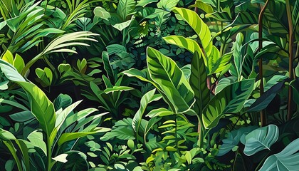 Sticker - The rich green plant bushes are intertwined with leaves of different shades, giving off a vibrant natural atmosphere and creating a peaceful and harmonious environment.