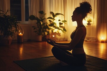 Aufkleber - A woman engages in indoor yoga, emphasizing breathwork to reduce stress, while gentle lighting creates a serene ambiance.