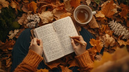 A person writing in a 'Thanksgiving Gratitude Journal,' surrounded by autumn leaves and a cup of warm cider