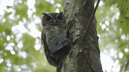 Wall Mural - Owl Caught by a Camera Trap in a Forest