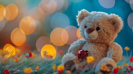 Teddy bear with a ladybug isolated on colorful background