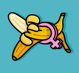 Cartoon Illustration of two bananas stacked and squeezed by a female gender sign. Can be used for gender revel or baby shower party, sex education poster and printed on t-shirts, hoodies, tote bags