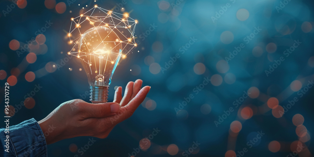 hand holding a glowing light bulb with a network of connections ...