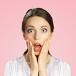 © vgstudio - Wow! Excited surprised, astonished very happy woman. Girl with wide open eyes, mouth raise hands. Unbelievable big sale, rebates offer, discounts deal, studio image. Isolated pink background. Square.