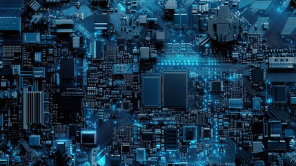 Poster - Computer motherboards and circuit boards. Abstract circuit board with a lot of micro chips. Main microchip on the motherboard. Tech science background. Semiconductor and circuit board. Circuit board 