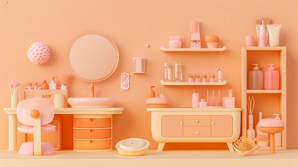 Toy beauty salon set isolated on amber and peach background