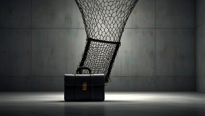 Wall Mural - A 3D illustration of a safety net catching a falling briefcase, representing risk mitigation in business with copy space.

