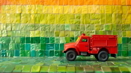 Toy fire truck on a green and yellow tiled background