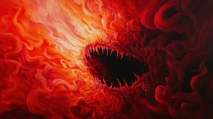 A vibrant and chaotic depiction of a fiery monster, showcasing an intense blend of reds and oranges with sharp, menacing teeth.